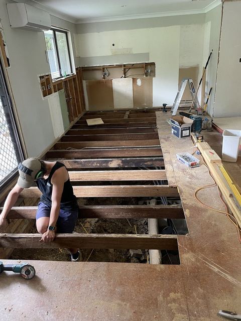 Floor frame with new bearers and joists