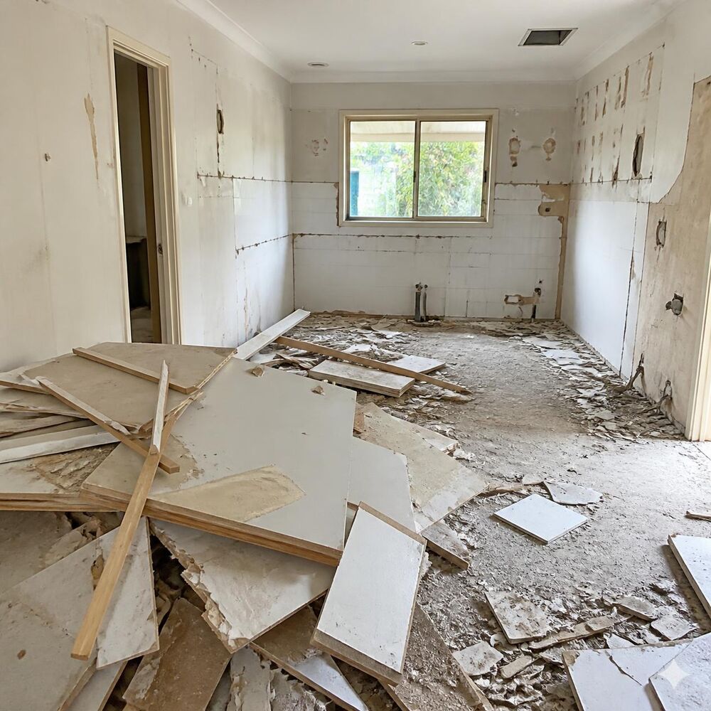 Room stripped out, with broken plasterboard and tiles on the floor